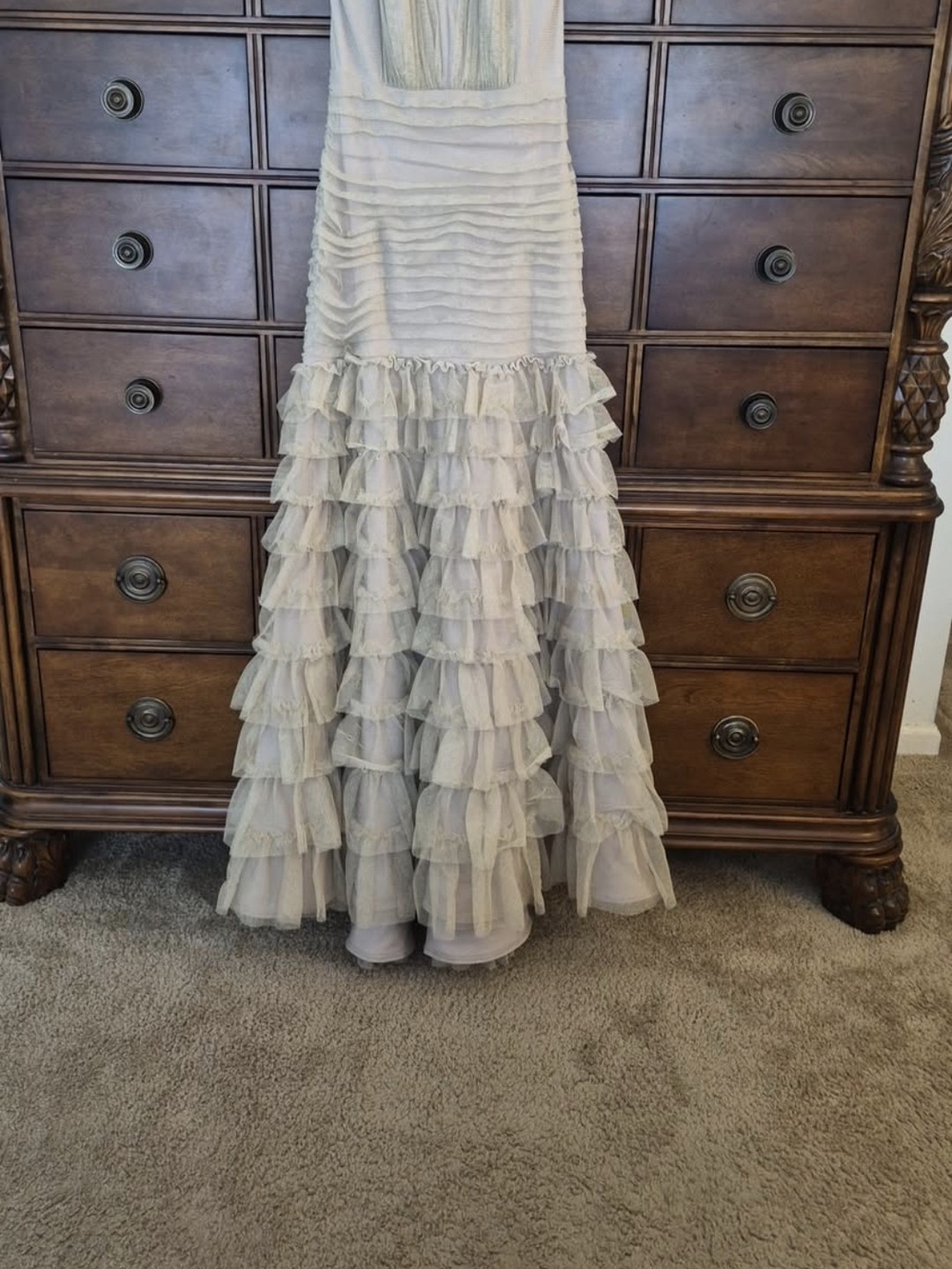 Tadashi Shoji Shimmery Gold Ruffled Tulle Gown